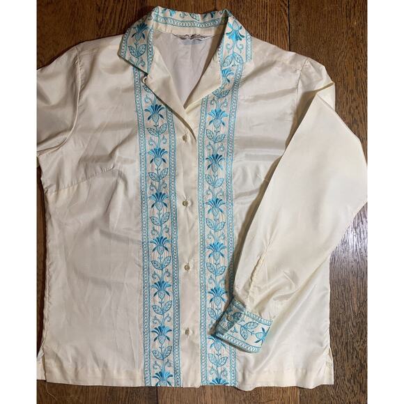 Vintage LADY MANHATTAN Ivory Blouse 1960s Tropical Embroidery In Aqua Sz 14 USA - Picture 1 of 8